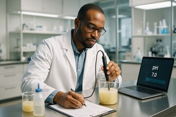 Scientist measuring pH of liquid sample in laboratory while taking notes beside laptop displaying pH 7.0 on screen in modern science lab background. Ai generative