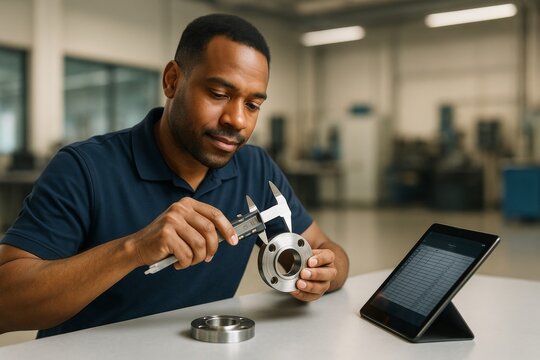 Engineer using caliper to measure metal part while referencing data on tablet in brightly lit modern industrial workshop background. Ai generative
