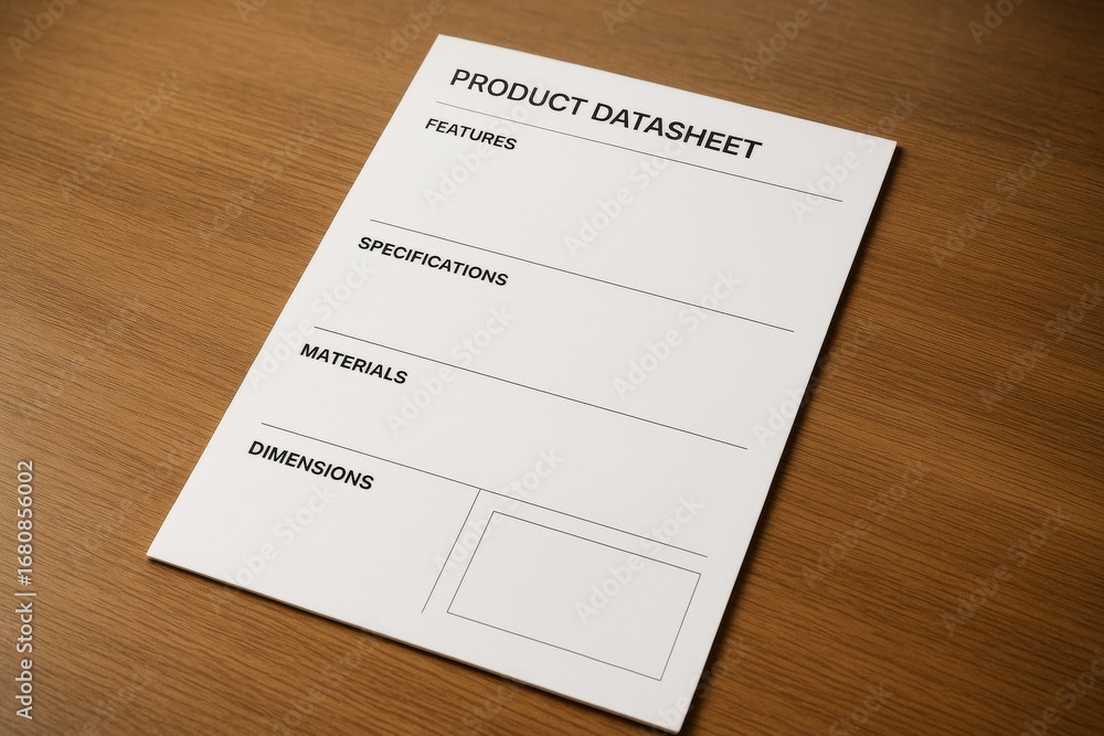 Poster blank product datasheet template on wooden surface for technical specifications and industry use in 