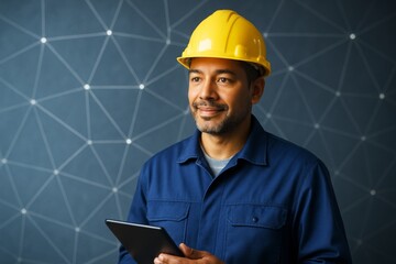 Smiling construction worker in yellow hard hat using digital tablet against abstract geometric background in blue tone. Ai generative