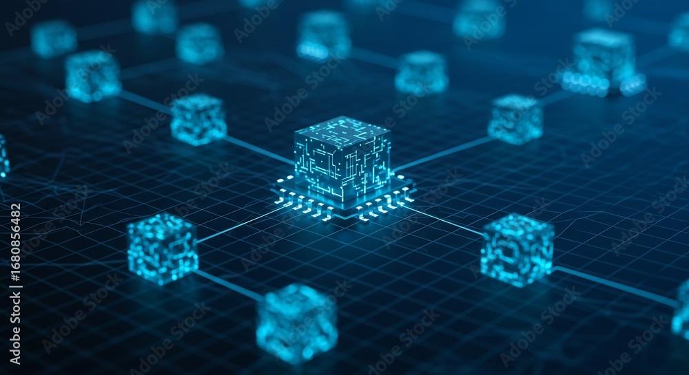 Poster a network of interconnected glowing blue cubes on a grid with a central cube on a circuit board