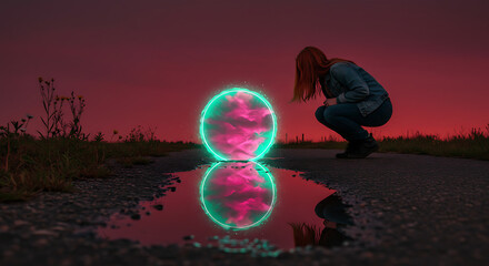 Woman gazes at glowing portal reflecting in puddle at sunset