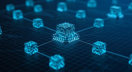 A network of interconnected glowing blue cubes on a grid with a central cube on a circuit board