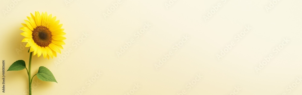 Aufkleber Bright yellow sunflower with green leaves on left side of soft cream background with empty space for text or design in clean minimal composition. Ai generative