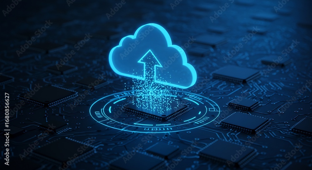 Poster a glowing cloud and upward arrow surrounded by circuitry and computer chips on a blue surface