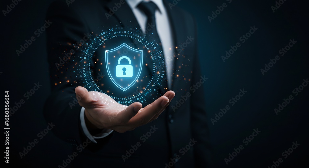 Poster a man in a suit holds a glowing shield with a lock surrounded by binary code on his open palm