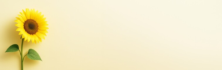 Obraz premium Bright yellow sunflower with green leaves on left side of soft cream background with empty space for text or design in clean minimal composition. Ai generative