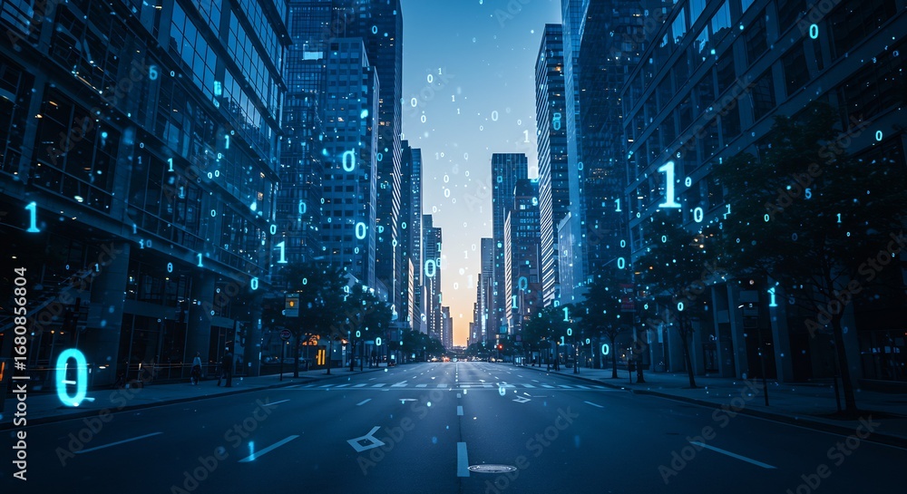 Poster a city street lined with tall buildings binary code numerals float in the air