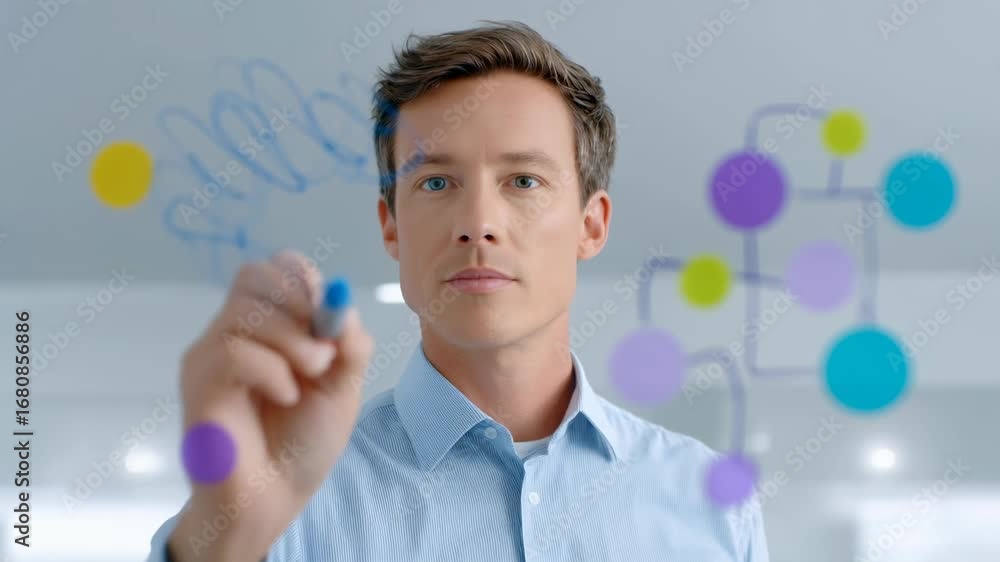 Poster upskilling and reskilling in learning and development concept, man drawing colorful flowchart on tra