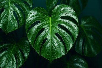 Obraz premium Close-up of wet monstera leaf with raindrops and natural shine on dark tropical jungle background in high detail, green foliage concept photo. Ai generative