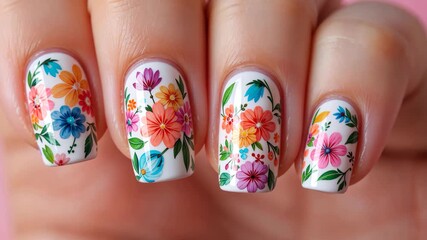 Close up of colorful floral nail art design on manicured female fingers against soft background. Concept of beauty and fashion style