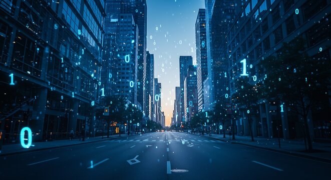 A city street lined with tall buildings Binary code numerals float in the air