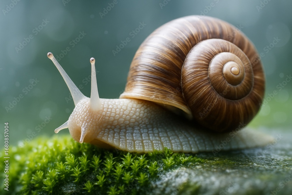 Aufkleber close-up of a snail crawling on moss with a soft abstract green background and natural light enhanci