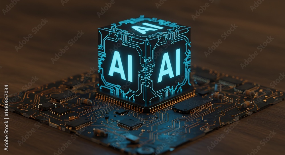 Poster glowing blue cube with ai letters sits on a circuit board wooden surface in the background