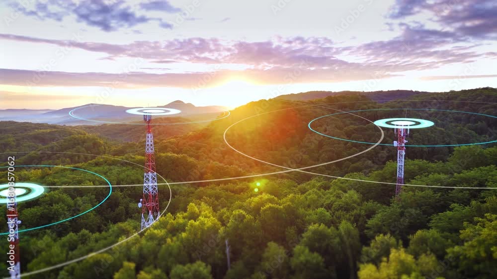 Poster multiple communication towers spread across green hills, highlighted with dynamic signal paths conne
