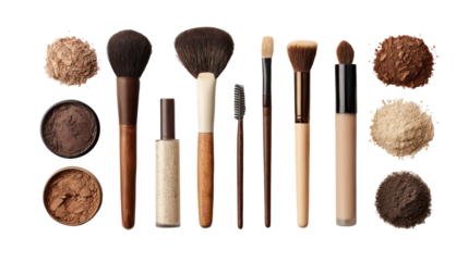 Symmetrical arrangement of brown and beige makeup cosmetics on transparent background