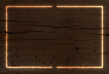 Rustic wooden background with rich dark brown texture main subject. Surface rough and weathered natural grains and knots. Superimposed on background glowing orange-yellow rectangular frame