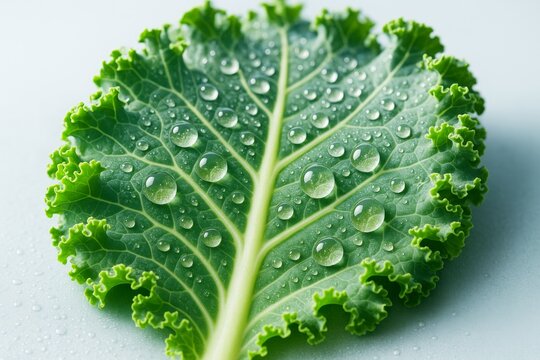 Close-up of fresh kale leaf with water droplets on surface, vibrant green details and soft light enhancing natural texture on smooth background. Ai generative