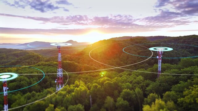 Multiple communication towers spread across green hills, highlighted with dynamic signal paths connecting each antenna in a digital network ecosystem