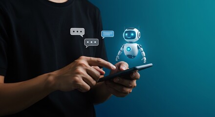 Person using a phone with digital chatbot Robot floating next to a phone dialog bubbles present Teal background