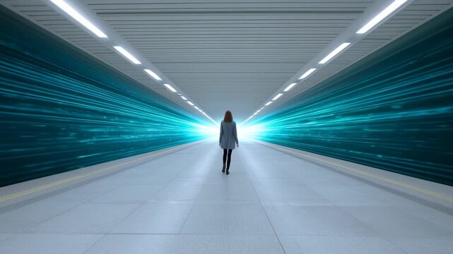 Upskilling and Reskilling in Learning and Development concept, Person walking toward new skill sign in futuristic tunnel with light trails