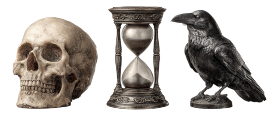 Skull, Hourglass, and Raven Sculpture on Transparent Background