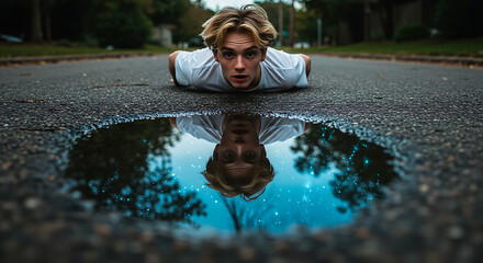 Surprised young man sees his reflection in puddle on street