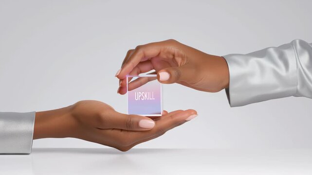 Upskilling and Reskilling in Learning and Development concept, Hand giving a small box labeled upskill to another hand on white background