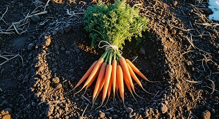 Freshly Harvested Carrots in the Soil.