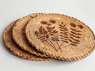 Handcrafted woven plates showcasing detailed botanical designs made from natural materials