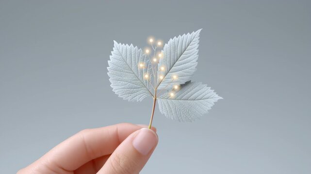 Hand holding silver leaf with glowing lights on gray background