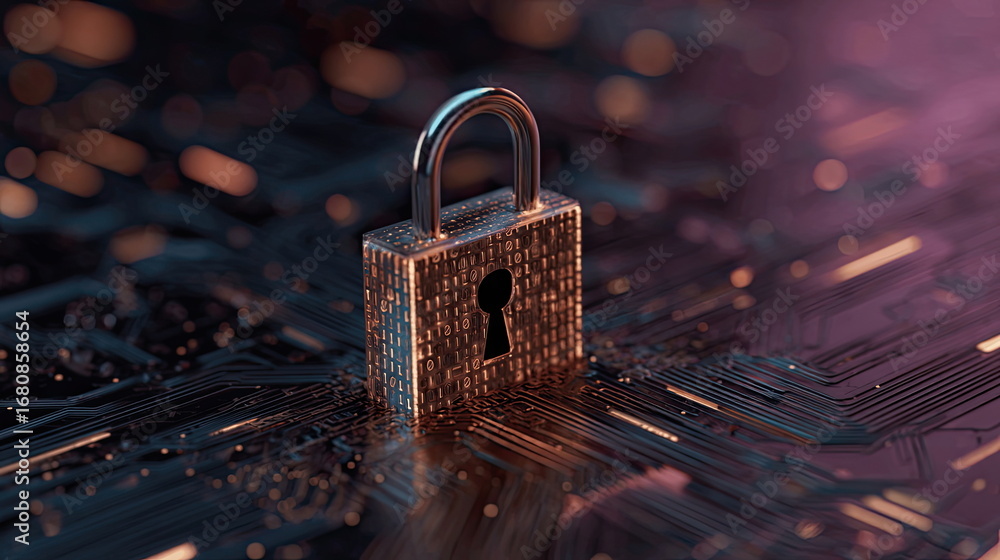 Poster digital lock secured on a circuit board highlighted by purple and blue light during a cybersecurity 