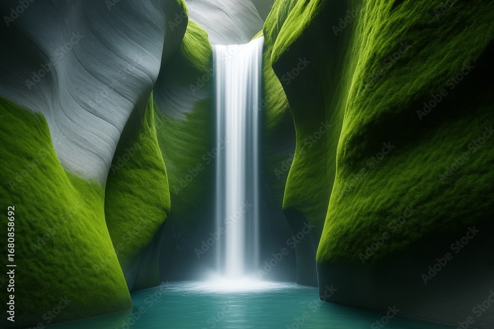 Poster surreal waterfall flowing through moss-covered canyon cliffs with soft light and tranquil water in f