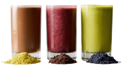 Trio of protein smoothies in different colors chocolate vanilla and strawberry on transparent background