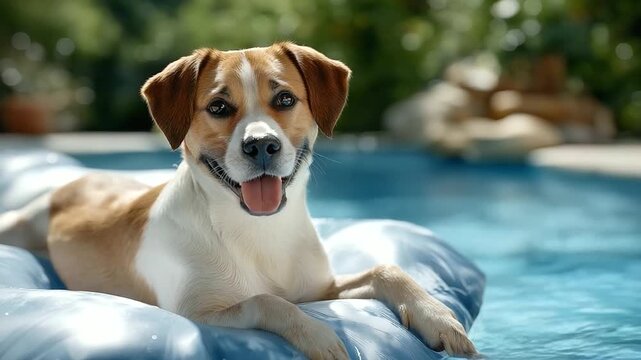 A dog relaxing on an inflatable mat in a sunny pool