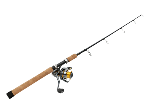 Fishing rod with cork handle and black accents against transparent backdrop. Silver and gold fishing reel. The fishing rod features black guides spaced along its length.