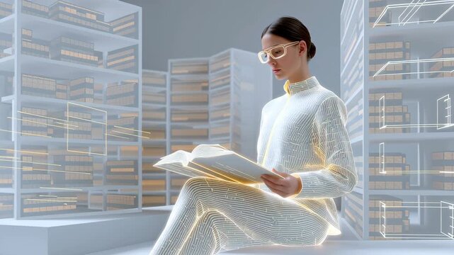 Upskilling and Reskilling in Learning and Development concept, Woman reading book with digital data visualization in futuristic setting