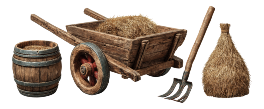 Rustic Wooden Cart with Hay, Barrel, and Pitchfork Isolated Image