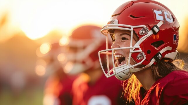 A joyful female football player in a red helmet smiles brightly, showcasing excitement and team spirit during practice at sunset.