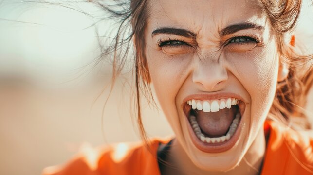 A close-up of a woman passionately expressing strong emotions, her mouth wide open in a yell, with an intense gaze and tousled hair against a blurred background.