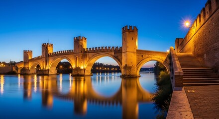Illuminated Bridge Over Calm River at Dusk.