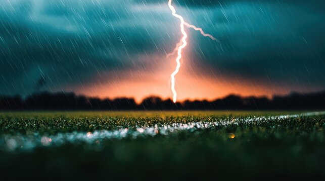 A dramatic scene featuring lightning striking through dark storm clouds illuminated by an orange glow, with rain falling on a grassy field. - Powered by Adobe