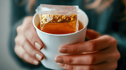 Warm beverage enjoyed in a cozy setting with hands holding a cup containing a golden tea bag Generative AI
