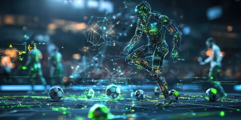 A futuristic robot plays soccer amidst a digital landscape, blending technology with sports in a vibrant, high-tech environment.