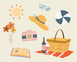 Cute colorful picnic doodle vector isolated collection set. Illustration cartoon of picnic objects like basket, flower, camera, book for asset, design, sticker, element, asset