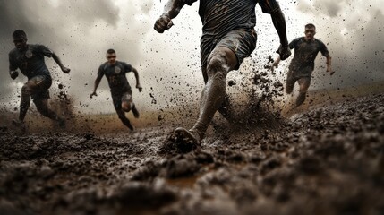 A dynamic scene of athletes sprinting through muddy terrain, showcasing determination and teamwork in a competitive environment under a dramatic sky.
