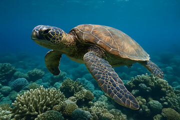 Serene sea turtle glides gracefully through vibrant coral reefs, showcasing underwater beauty
