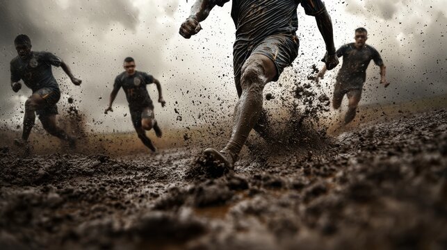 A dynamic scene of athletes sprinting through muddy terrain, showcasing determination and teamwork in a competitive environment under a dramatic sky.