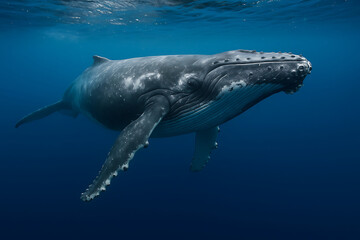 Humpback whale underwater, majestic and serene, gliding through deep blue waters
