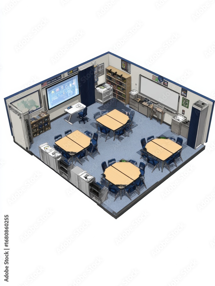 Poster modern classroom design featuring collaborative learning spaces with circular tables and a whiteboar